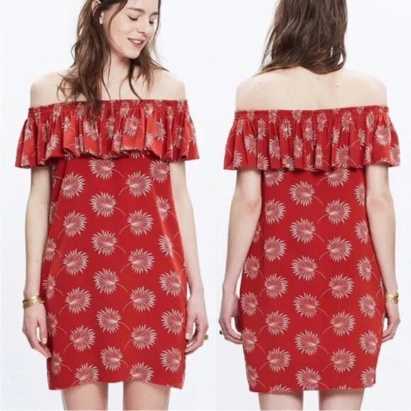Madewell Dresses & Skirts - Madewell 100% Silk Palmflower Off The Shoulder Ruffle Mini Dress M $150 Rust